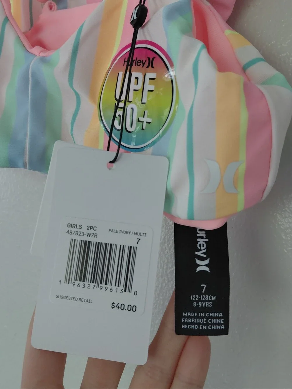 Hurley UPF 50 Rainbow Stripe Girls Swim Bikini Set NWT Size 7